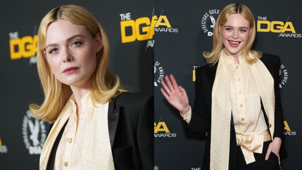 Elle Fanning at the Directors Guild Awards on Feb. 8 in Los Angeles, red carpet, suit, Valentino, Cartier