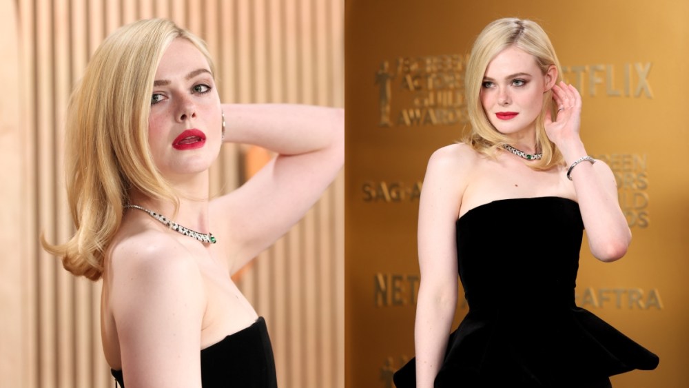 Elle Fanning at the 2025 Screen Actors Guild Awards on Feb. 23 in Los Angeles, Loewe, Cartier, red carpet, peplum trend