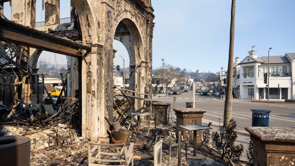The remains of a Starbucks on the corner of W. Sunset Blvd. and N. Swarthmore Ave., and Palisades Village in downtown Pacific Palisades on Friday, January 10, 2025.