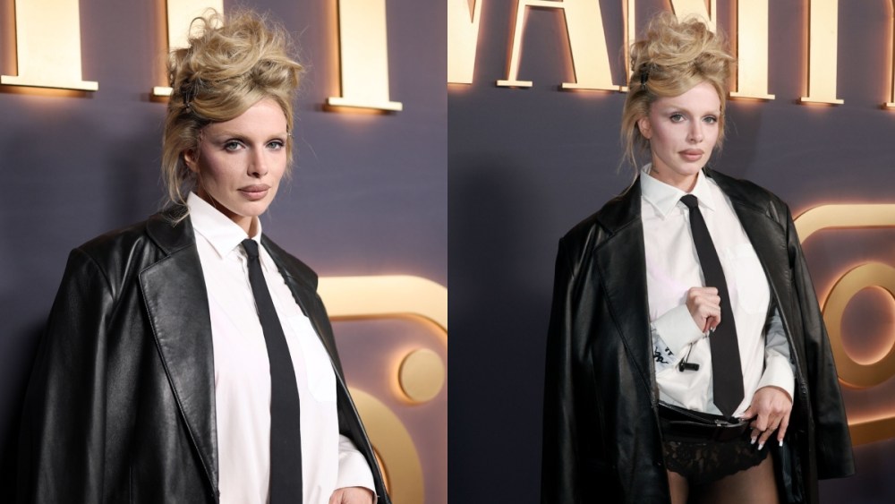 Julia Fox attends Vanity Fair and Instagram's Vanities party on Feb. 26 in Los Angeles, red carpet, no pants trend, office siren