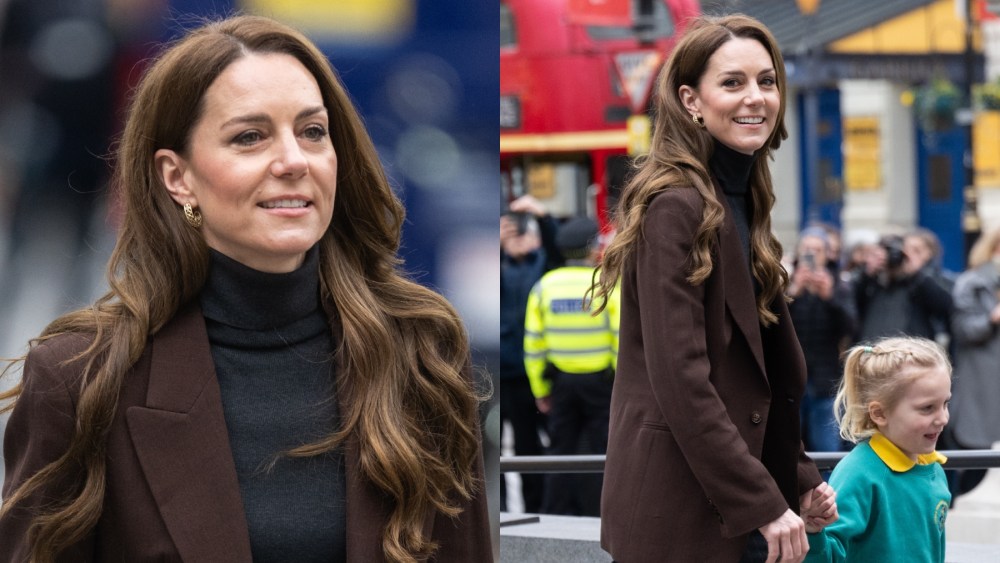 Kate Middleton, Princess of Wales visits The National Portrait Gallery on Feb. 4 in London, brown blazer, turtleneck, pinstripe pants