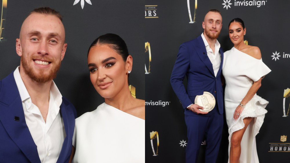 George Kittle, Claire Kittle wears Maticevski bridal gown wishing dress at the 14th Annual NFL Honors held at Saenger Theatre on February 06, 2025 in New Orleans, Louisiana.