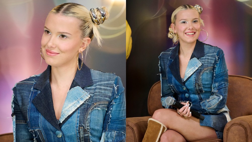 Millie Bobby Brown attend a press conference for "The Electric State" on Feb. 27 in Madrid, Y2K, Dolce & Gabbana, Miu Miu, denim, shearling boots