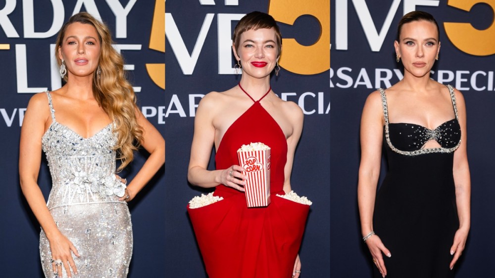 Blake Lively, Emma Stone wears popcorn dress and Scarlett Johansson at "SNL 50: The Anniversary Special" on Feb. 16 in New York, red carpet, Prada, Tamara Ralph, Louis Vuitton, popcorn dress
