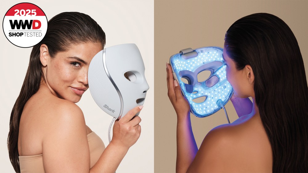 woman holding Shark LED light therapy mask; woman wearing the blue light therapy mask that our editors tested