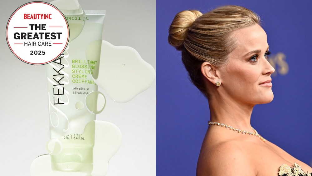 Fekkai styling cream with dollops of it around the packaging; reese witherspoon posing on the emmys 2024 red carpet with an updo