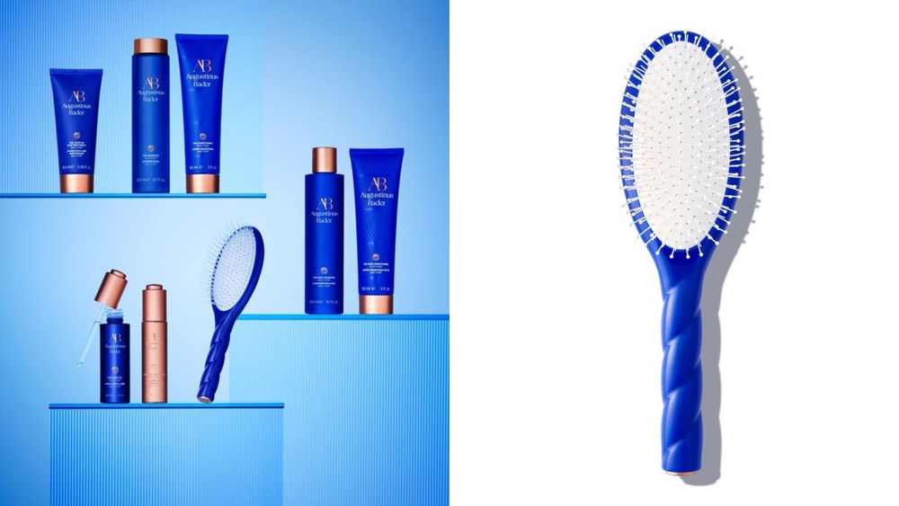 image of multiple blue and gold hair care products on floating shelves; hairbrush with a blue rim
