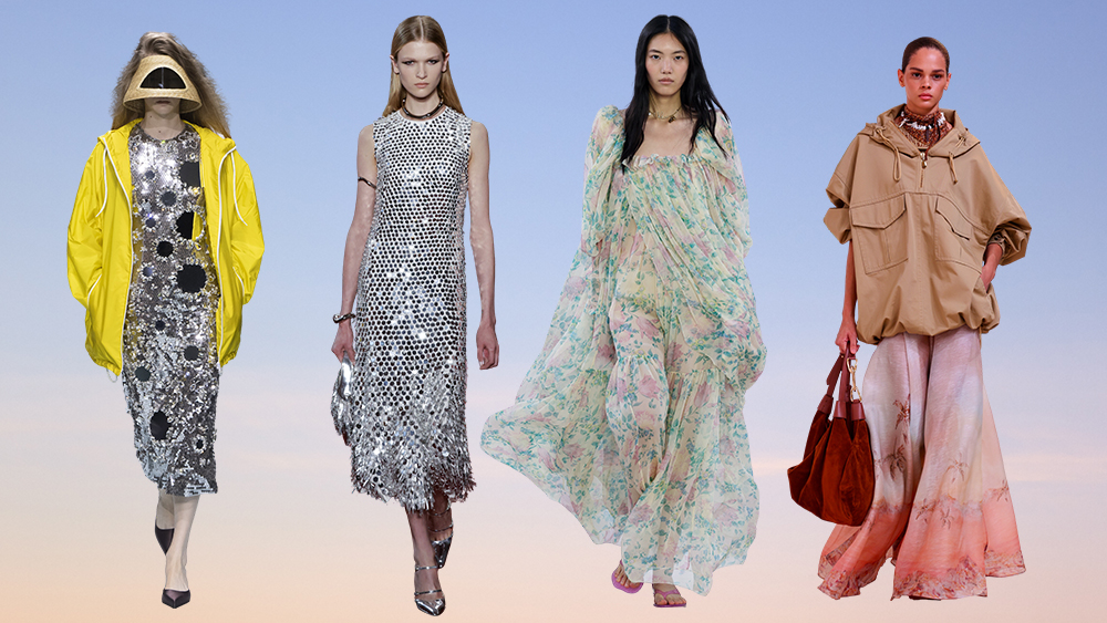 model walking Prada spring 2025 runway show in sequin dress; model walking Gucci spring 2025 show in sequin dress, model walking Chloe spring 2025 runway show in floral flowy dress; model walking in Zimmermann spring 2025 show in flowy dress