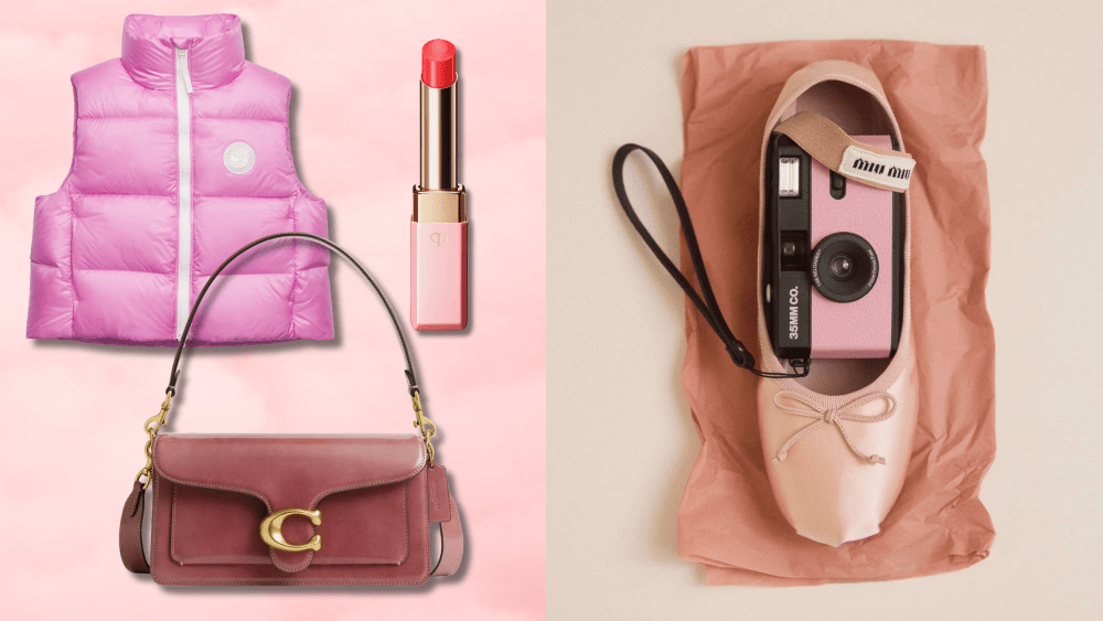 an assortment of valentine's day gifts over pink background, including lipstick, coach bag, pink puffer vest; a ballet pointe shoe from miu miu stuffed with a digital camera