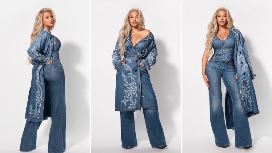 Beyoncé wears Levi's Ribcage Wide Leg jeans, braided vest and Spade trench.