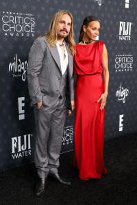 Marco Perego Saldaña, Zoe Saldana at the 30th Annual Critics Choice Awards held at The Barker Hangar on February 7, 2025 in Santa Monica, California.