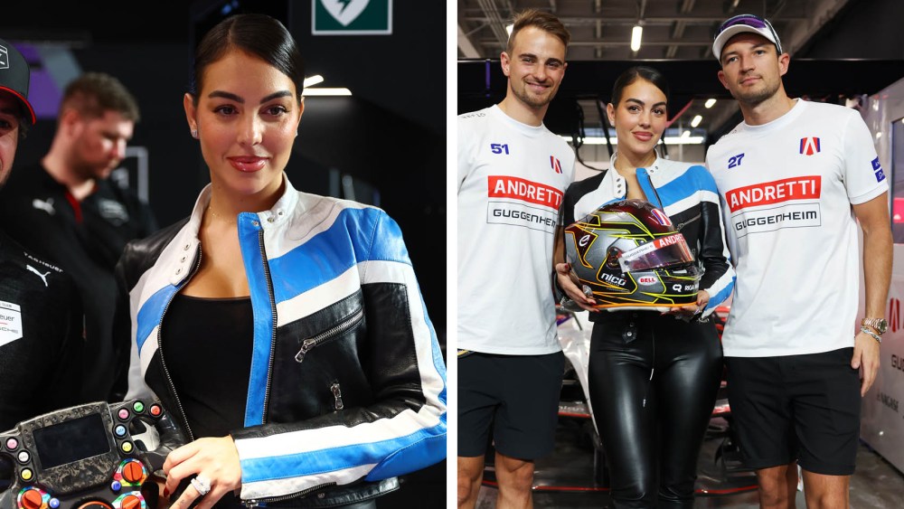 Nico Muller of Switzerland and Andretti Formula E and Jake Dennis of Great Britain and Andretti Formula E pose with Georgina Rodriguez outside the garage during the Jeddah E-Prix, Round 3 of the 2025 FIA Formula E World Championship at Jeddah Corniche Circuit on February 14, 2025 in Jeddah, Saudi Arabia, Dolce & Gabbana jacket