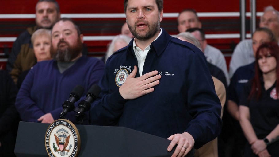 Vice President JD Vance speaks during a visit to East Palestine, Ohio, on February 3, 2025. Residents of East Palestine, Ohio, were forced to evacuate in February 2023, when a Norfolk Southern train carrying chemicals derailed, covering the area in thick black smoke.