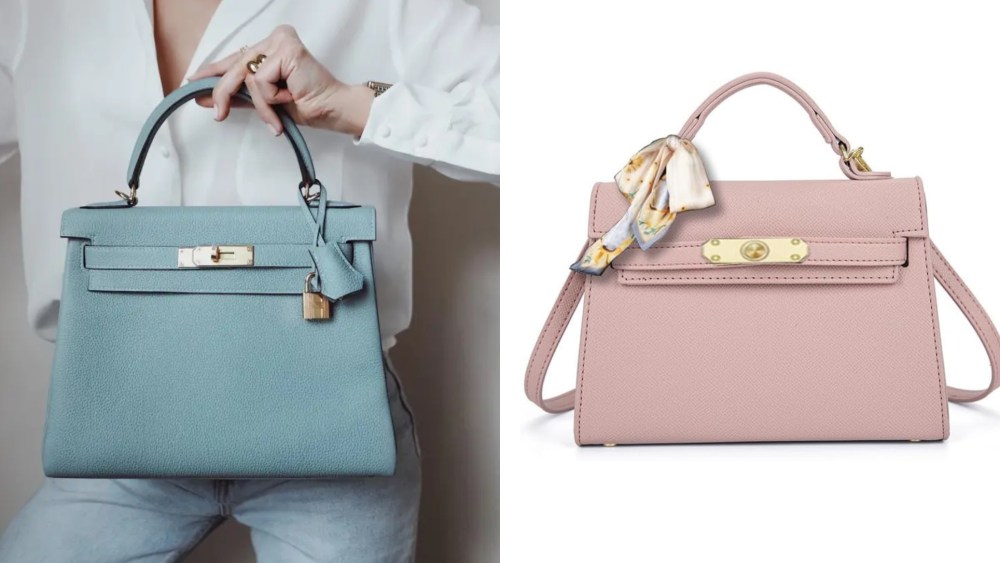 An original Hermès Kelly bag sourced and sold by Sellier x a dupe bag found on Amazon.