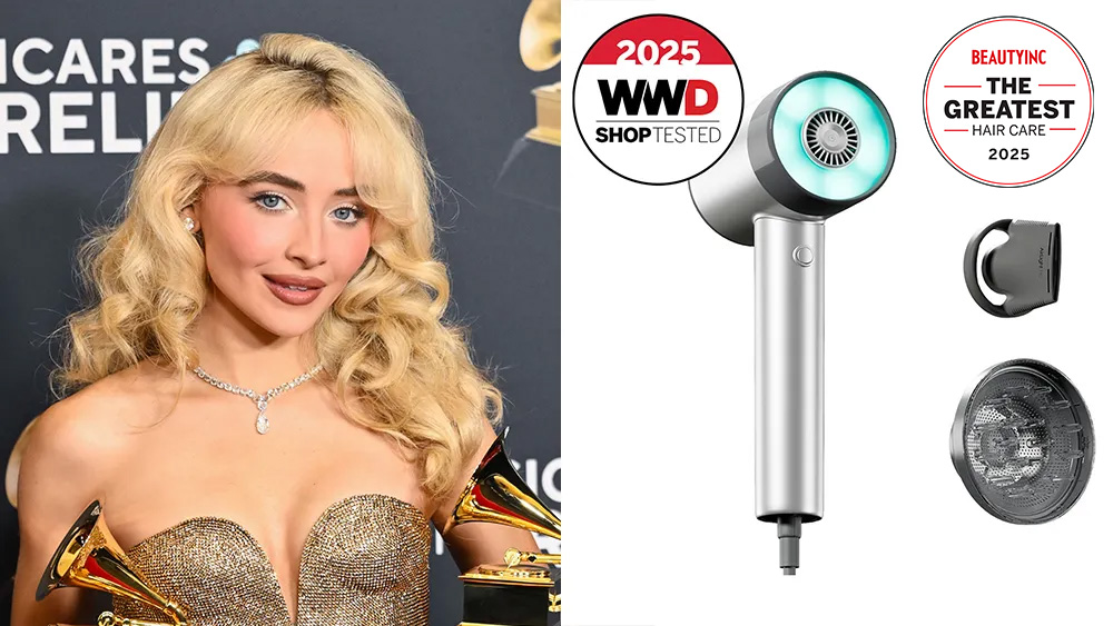 hair dryer with two attachments, over a white background