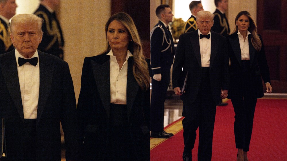 Donald and Melania Trump wears dolce and gabbana tuxedo at the National Governors Association Evening Dinner and Reception in the East Room of the White House.