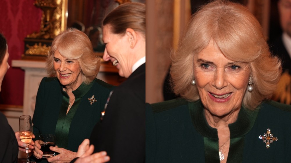 Queen Camilla, Buckingham Palace, King Charles III, military families, green dress, reception