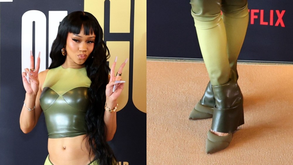 Saweetie, pumps, olive green, faux leather, set, Cou Coo, Netflix, San Francisco