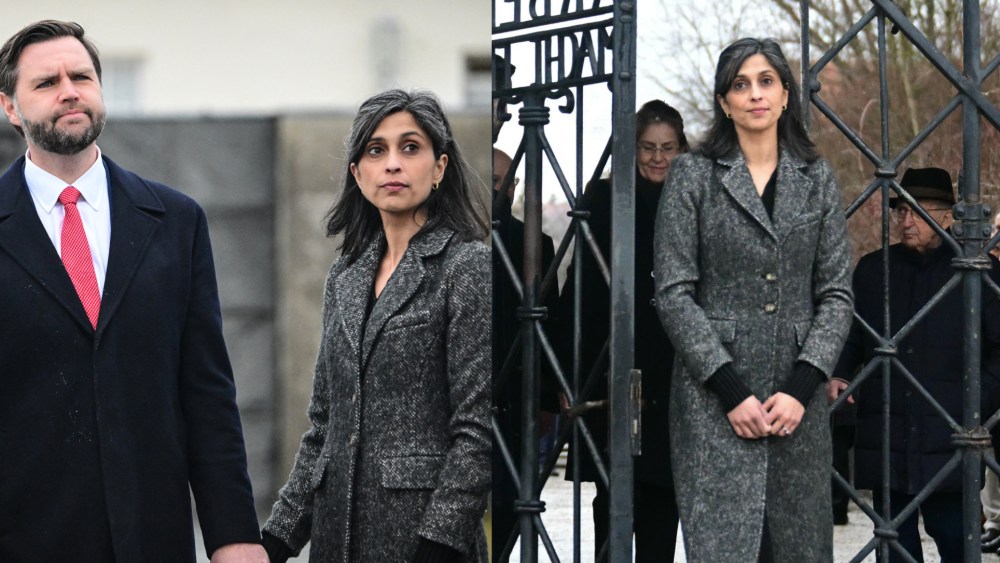 JD Vance (L) stands with his wife Usha Vance in Germany on Feb. 13.