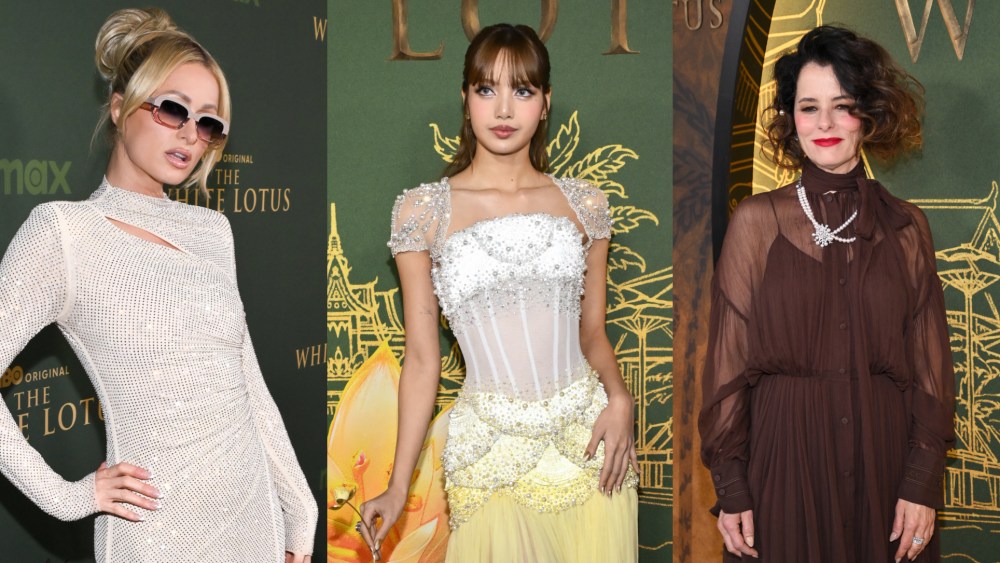 Paris Hilton, left, Blackpink's Lisa, center, and Parker Posey attend the Season Three premiere of "The White Lotus" on Feb. 10 in Los Angeles.