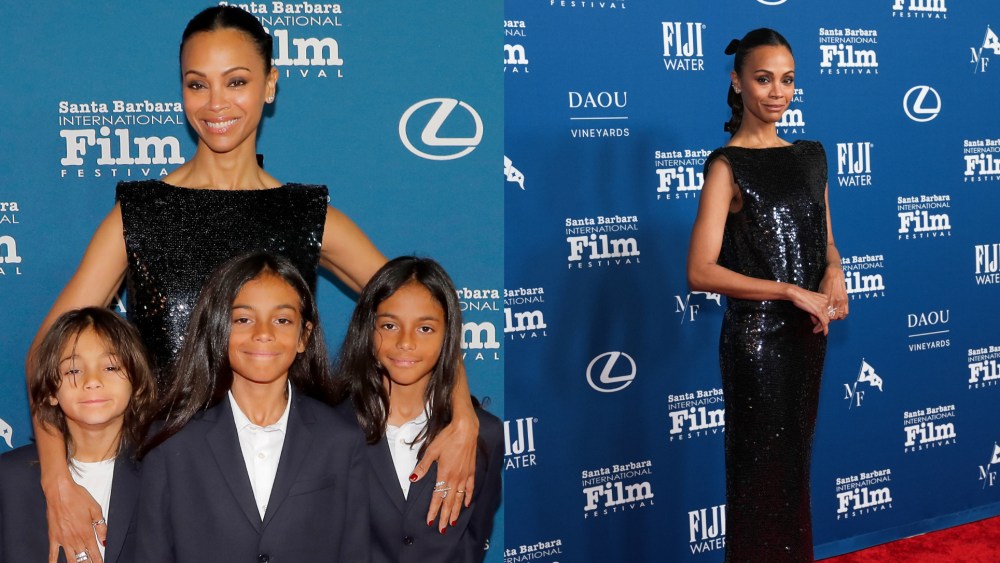 Zoe Saldaña attends the Santa Barbara International Film Festival on Feb. 12 in Santa Barbara with her three children: Zen, Bowie and Cy.