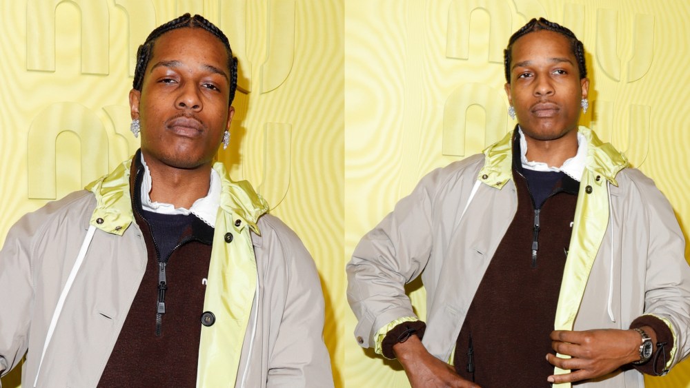 A$AP Rocky at Miu Miu's fall 2025 fashion show on March 11 in Paris, normcore, raincoat, fleece, front row