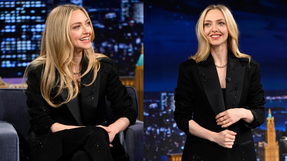 Amanda Seyfried on "The Tonight Show Starring Jimmy Fallon" on March 4, black suit