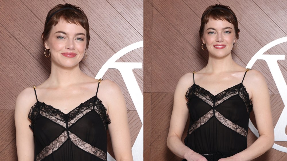 Emma Stone attends Louis Vuitton's fall 2025 fashion show in Paris on March 10, slipdress, lace, lingerie, sheer, front row