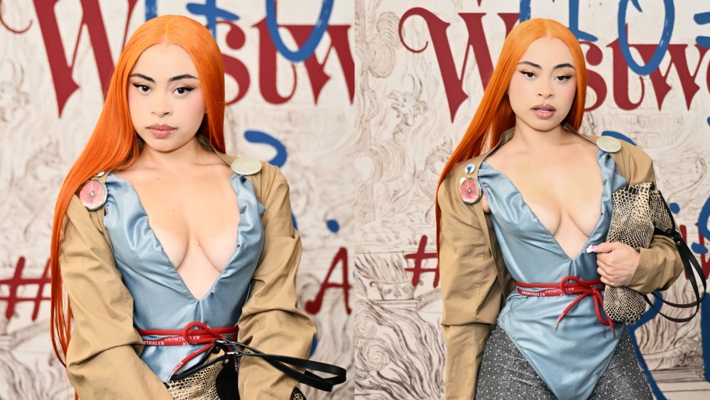 Ice Spice at Vivienne Westwood's fall 2025 fashion show on March 8 in Paris, plunging bodysuit, 1980s, front row