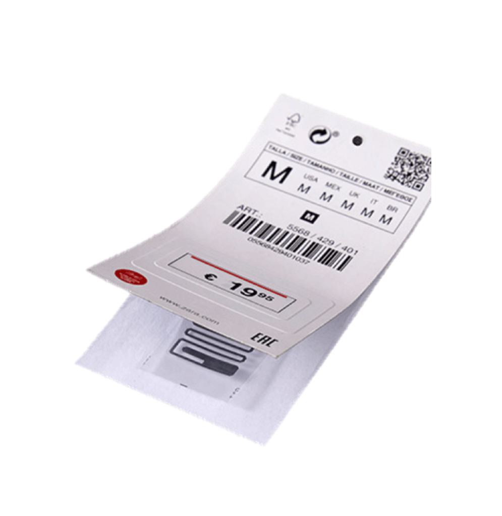 A RFID chip hidden underneath a merchandise label.