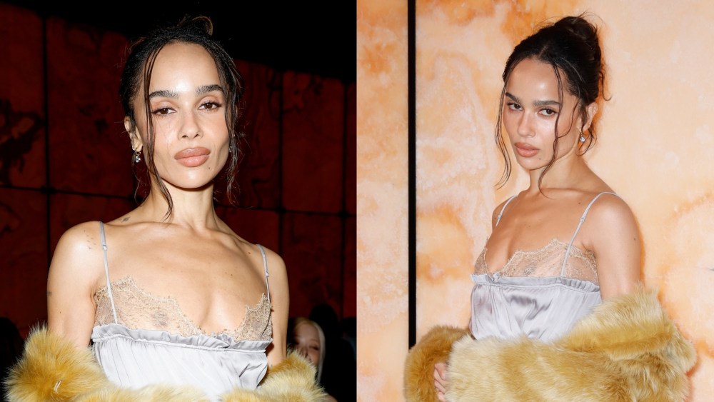 Zoë Kravitz at Saint Laurent's fall 2025 fashion show on March 11 in Paris, sheer lace slipdress, front row, peekaboo bra trend