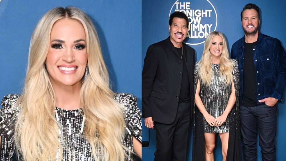 Carrie Underwood wears silver dress and pink lipstick on "The Tonight Show Starring Jimmy Fallon" on March 5 in New York City.