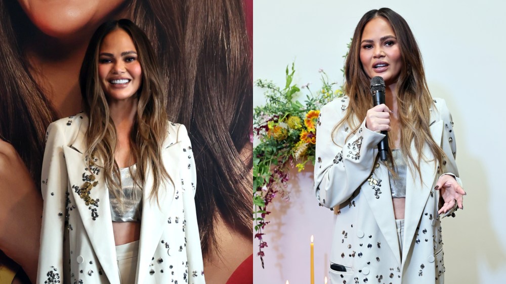 Chrissy Teigen wears Dries Van Noten at an Audible event celebrating her "Self-Conscious" podcast.