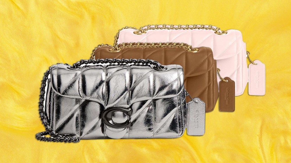 three coach bags in various finishes overlaid one on top of the other over a swirly yellow background