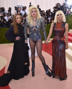 NEW YORK, NY - MAY 02:  (L-R) Allegra Versace Beck, Lady Gaga, and Donatella Versace attend the "Manus x Machina: Fashion In An Age Of Technology" Costume Institute Gala at Metropolitan Museum of Art on May 2, 2016 in New York City.  (Photo by Dimitrios Kambouris/Getty Images)