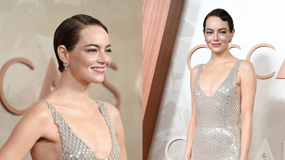 Emma Stone with short hair at the 2025 Oscars wearing a Louis Vuitton dress.