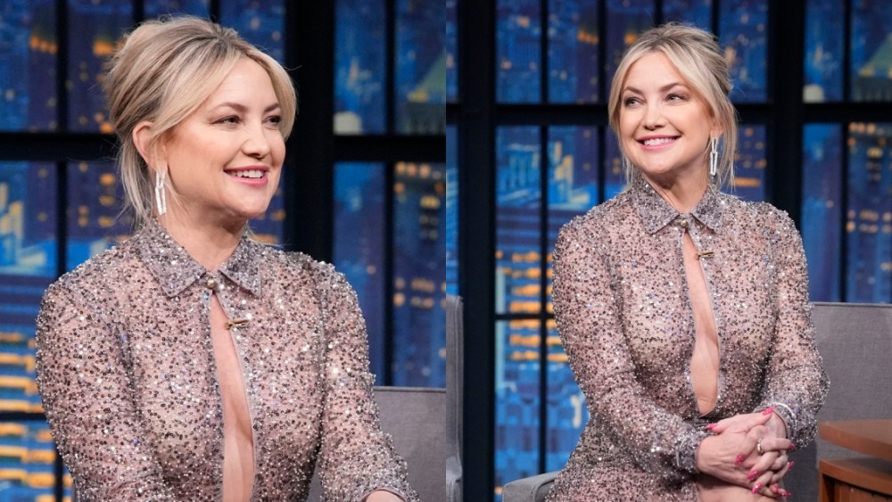 Kate Hudson wears Roberto Cavalli bodysuit dress and silver rene caovilla sandals heels shoes appears on 'Late Night with Seth Meyers.'