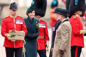 LONDON, ENGLAND - MARCH 17: Catherine, Princess of Wales presents traditional sprigs of shamrock to Officers and Guardsmen of the Irish Guards¬†during the 2025 Irish Guards' St. Patrick's Day Parade at Wellington Barracks on March 17, 2025 in London, England. Catherine, Princess of Wales attends the parade as Colonel of the Regiment. (Photo by Chris Jackson/Getty Images)