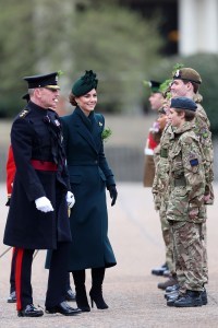 LONDON, ENGLAND - MARCH 17: Catherine, Princess of Wales meets 'Mini Micks', who are junior cadets from Northern Ireland, during the 2025 Irish Guards' St. Patrick's Day Parade at Wellington Barracks on March 17, 2025 in London, England. Catherine, Princess of Wales attends the parade as Colonel of the Regiment. (Photo by Chris Jackson/Getty Images)