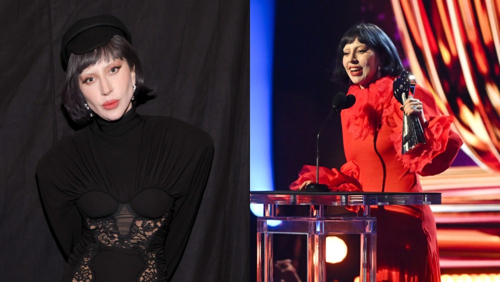 Lady Gaga red dress, attends the 2025 iHeartRadio Awards in Los Angeles.