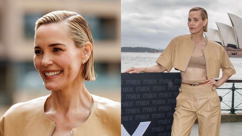 Leslie Bibb attends "The White Lotus" photo call wearing Hermès.