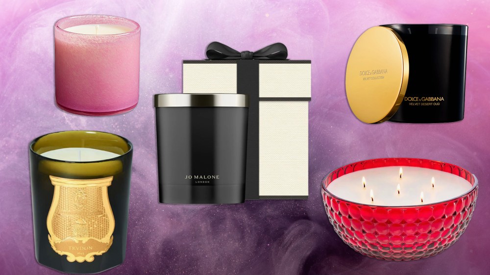 five different candles arranged over a purplish background depicting vapor rising up