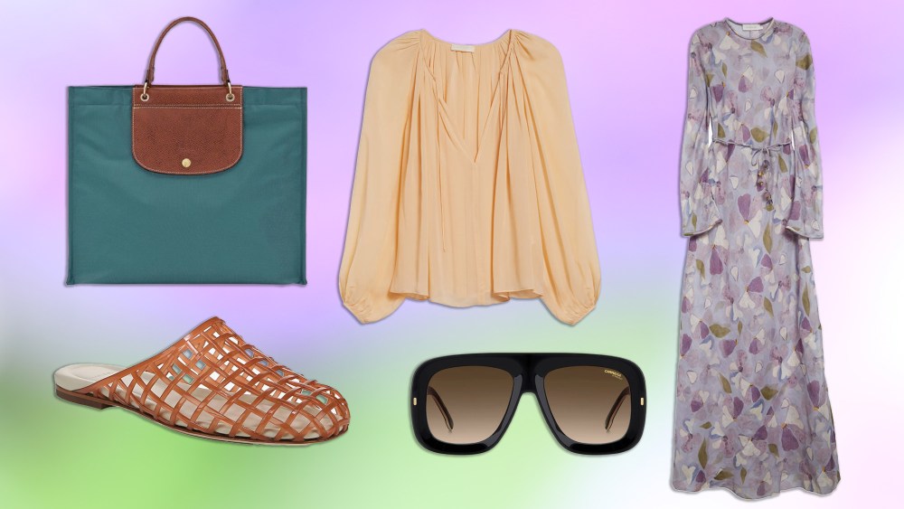 five pieces of clothing and accessories for spring, layered over a multihued gradient background