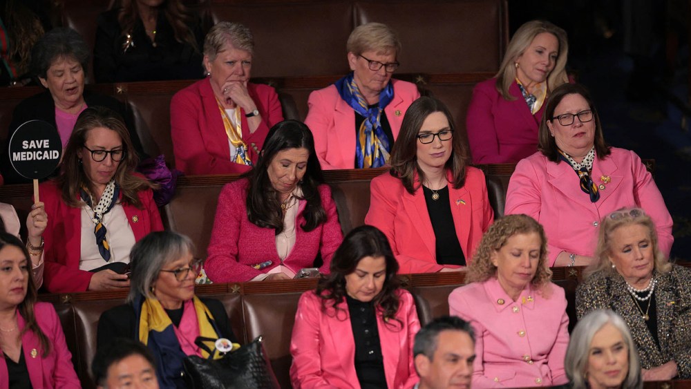 WASHINGTON, DC - MARCH 04: Democratic members of the House Women's Caucus wear pink as U.S. President Donald Trump addresses a joint session of Congress at the U.S. Capitol on March 04, 2025 in Washington, DC. President Trump was expected to address Congress on his early achievements of his presidency and his upcoming legislative agenda. (Photo by Chip Somodevilla/Getty Images)