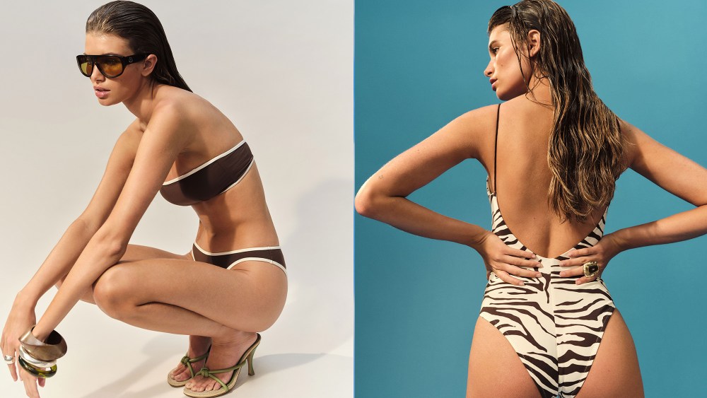 two models showcasing a one piece swimsuit and a bandeau set, with of of them squatting and the other standing with hands on lower back