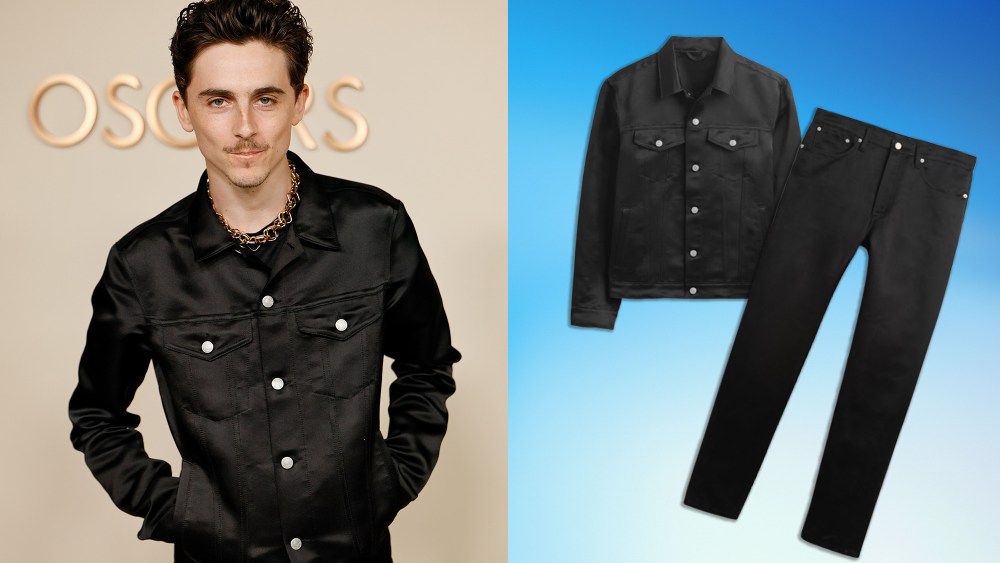 timothee chalamet at the oscars nominees dinner in 2025; a black jacket and pants set from gapstudio over a gradient background