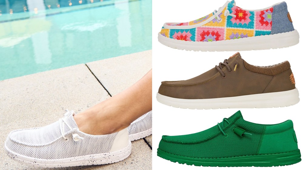 woman donning a pair of grayish hey dude shoes next to a pool; three hey dude styles arranged one on top of the other over a white background