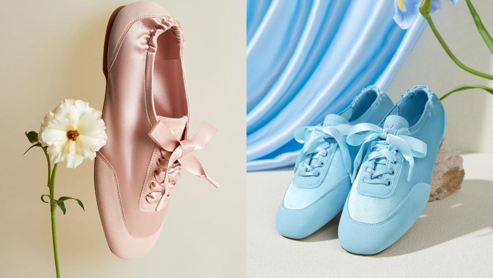 ballet sneaker in pink next to a flower; ballet sneaker pair in blue next to a flower and blue curtain