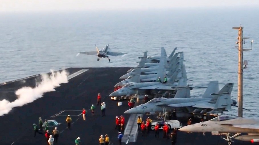 This image taken from video provided by the U.S. Navy shows an aircraft launching from the USS Harry S. Truman in the Red Sea before airstrikes in Sanaa, Yemen, Saturday, March 15, 2025.