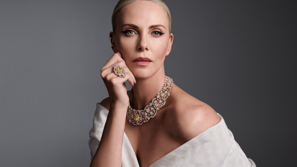 Charlize Theron wearing the Couture Fleurie necklace and ring from the Dior Milly Dentelle high jewelry collection.